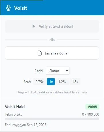 Skermmynd av VoisIT-plugininum í Chrome við knøttunum »Vel fyrst tekst á síðuni« og »Les alla síðuna«, vali av rødd og ferð.