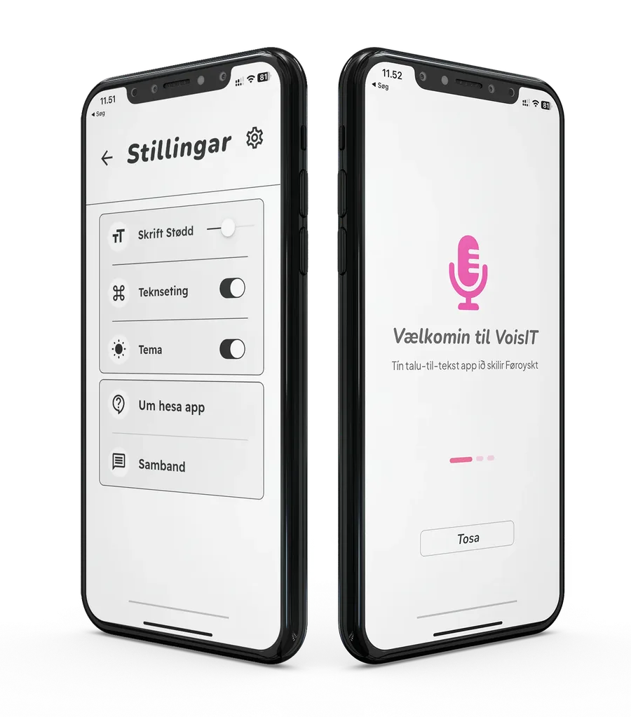 Tvær fartelefonir við VoisIT-appini: byrjanarsíðan við mikrofoni og stillingarnar.